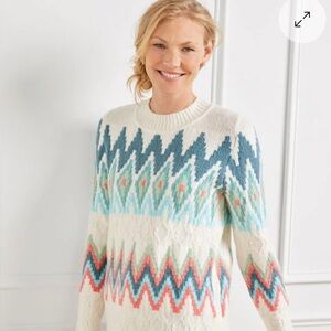 Talbots White and Blue Crew Neck Sweater with Zigzag Pattern